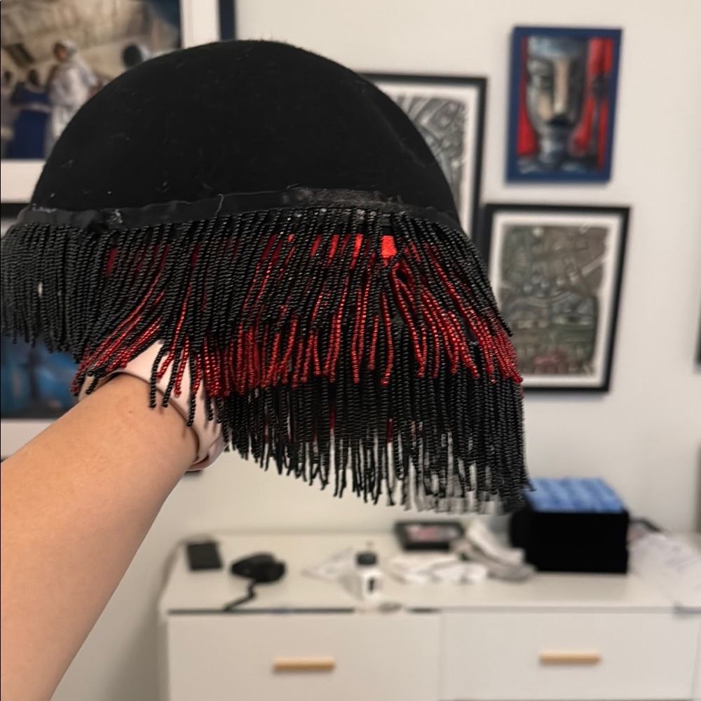 Vintage Black and Red Fringe Hat